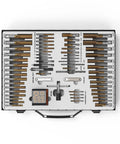 SAE And Metric Coated Bearing Steel Tap And Die Rethreading Kit 131 Piece Set Pro Grade Tools in open storage case top view.
