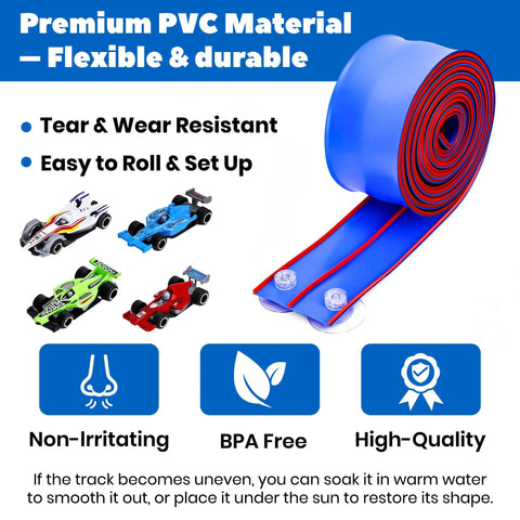 15 Ft Bendable Race Car Track Set for Kids Roll Up Layout with diecast cars and suction cups, premium PVC material