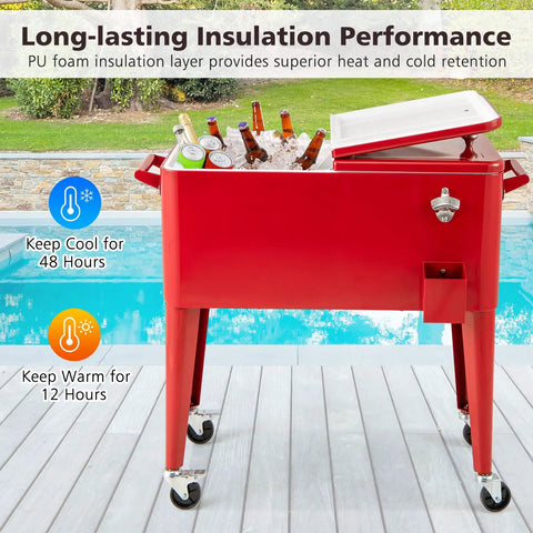 Red 80 Quart Rolling Ice Chest Cooler on Wheels with Bottle Opener and Cap Catcher by poolside