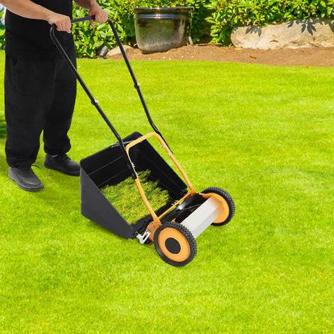14 Inch Manual Push Reel Lawn Mower With Collection Bag And Sweeper For Easy Yard Work No Fuss 4 Sharp 5 Edged Blades For Lawns Gardens Yards Parks Golf Courses Sidewalks Driveways in use on grass