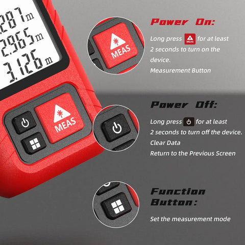 Portable Laser Tape Measure With 98 Ft Range And 8 In 1 Modes For Length Area Volume And Pythagorean Calculations IP65 Waterproof Rechargeable Real Time Laser Measurement Tool, red body buttons