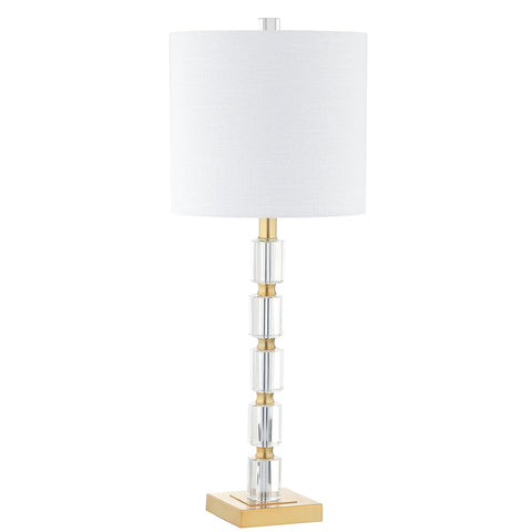 2-Pack 28.5-Inch Clear Crystal Table Lamps With Brass Gold Accents, Dope Modern Glam Geometric Bedside Lamps, White Linen Drum Shade