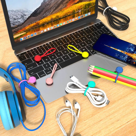 Magnetic Cable Ties 10 Pack Reusable Cable Organizers for Earbuds and Cords USB cables on laptop and desk setup