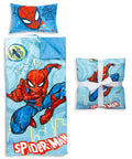 Spiderman Slumber Bag and Pillow Set, 54 X 27 Inch Cozy Indoor Sleeping Bag with blue Marvel theme, folded and opened view.