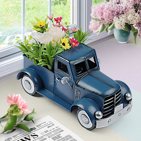 Farmhouse Blue Truck Tabletop Decor with colorful flowers, vintage car design for shelves and desks, adding rustic farmhouse vibe.