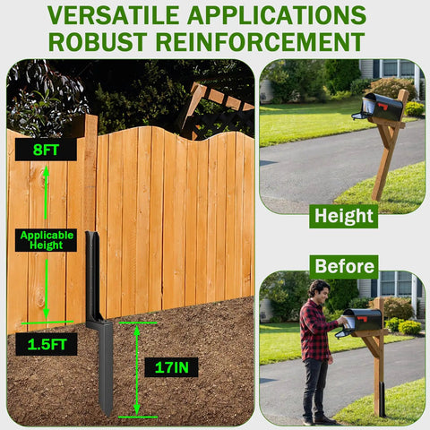 Heavy Duty Fence Post Repair Kit 2 Pack Steel Anchor Stakes illustrating versatility and robust reinforcement for wood posts.