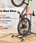 Freestanding Vertical Bike Stand For Indoor Storage, Space Saving Upright Bike Holder With Adjustable Height For Wheels Up To 29 Inches, Fits MTB Road And City Bikes Up To 66 Lbs, Slick Garage Or Apartment Bike Rack showing dimensions and features.