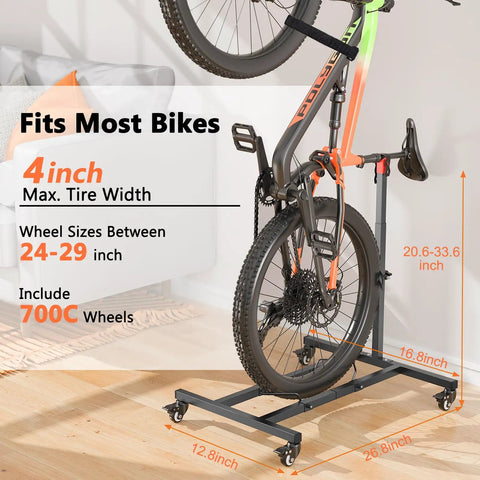 Freestanding Vertical Bike Stand For Indoor Storage, Space Saving Upright Bike Holder With Adjustable Height For Wheels Up To 29 Inches, Fits MTB Road And City Bikes Up To 66 Lbs, Slick Garage Or Apartment Bike Rack showing dimensions and features.