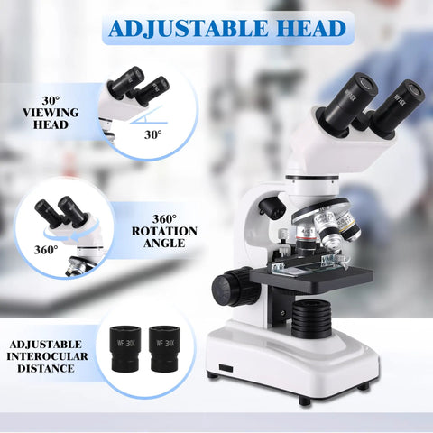 Dual LED Binocular Microscope For Students And Grownups, 64X-6000X Magnification, 3 Objective Lenses, Sturdy Metal Body, Dope Dual Illumination, Perfect For School Lab And Home Science Projects showing adjustable head, 360° rotation, and interocular distance