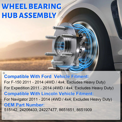 Front Wheel Bearing Hub Assembly 515142 For 4x4 6 Lug Trucks ABS Compatible Fits Lincoln Navigator 2011-2014 Ford F-150 2011-2014 Expedition 2011-2014 4WD shown in vehicle installation view.
