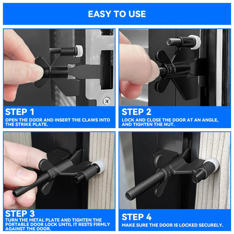 Step-by-step installation of Portable Door Lock For Travel And Home Security, Beefed Up Privacy And Tool Free Install.