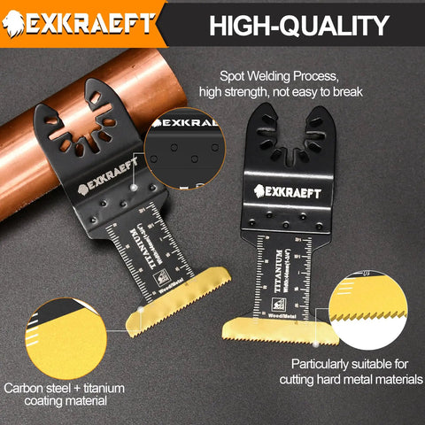 Badass 50 Piece Oscillating Tool Blade Set Featuring 45 Curved Edge And 5 Titanium Straight Cutters For Cutting Wood Plastic Drywall Metal Demolition Tasks Quick Swap Universal Lock with titanium-coated blades.