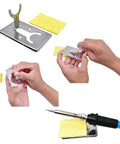 Straight Up Solid 60W Soldering Iron Kit with quick heat ceramic element, showing cleaning sponge and soldering stand setup.