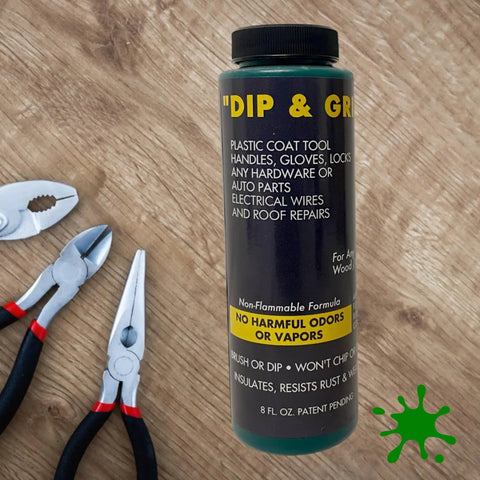 Liquid Rubber Coating For Non Slip Tool Grips And Handles Green 8oz Anti Slip Barrier bottle next to pliers on wood surface