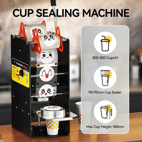 Heavy Duty Commercial Cup Sealer With Simple Dial Temp Control That Cranks Out 300 To 500 Cups An Hour and locks down 90 mm and 95 mm cups.