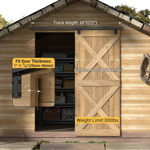 6Ft Box Rail Sliding Barn Door Hardware Kit installed on shed, showing track length and door fit details, wood barn door visible