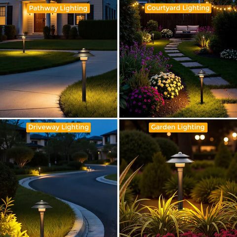 Solid Brass Low Voltage Pathway Lights 12V LED Outdoor Walkway Lamps illuminating path, garden, and driveway, 6 pack view
