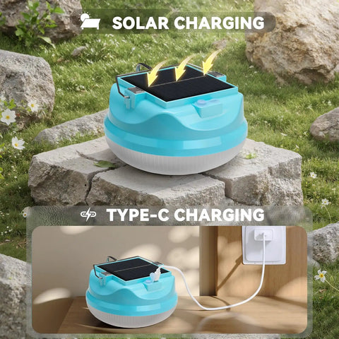 Go To Solar Camping Light For Tent Power Outages, Rechargeable LED Lantern with solar and Type C charging modes