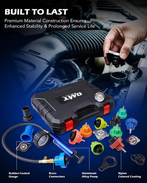 No Sweat 19 Piece Coolant Pressure Tester Kit For Quick Radiator Leak Detection showing components like gauge, pump and adapters.