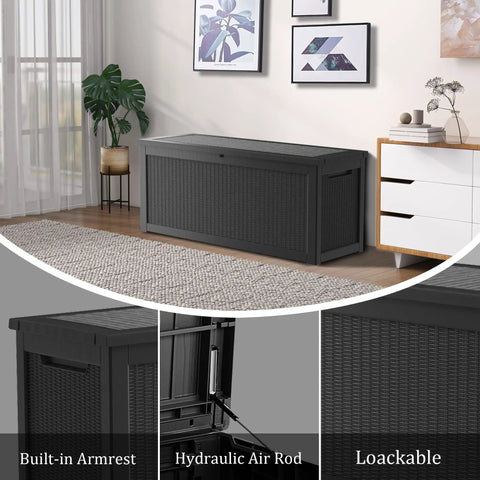 320 Gallon Lockable Resin Deck Box Waterproof And UV Resistant Outdoor Storage Box For Cushions, black in living room display