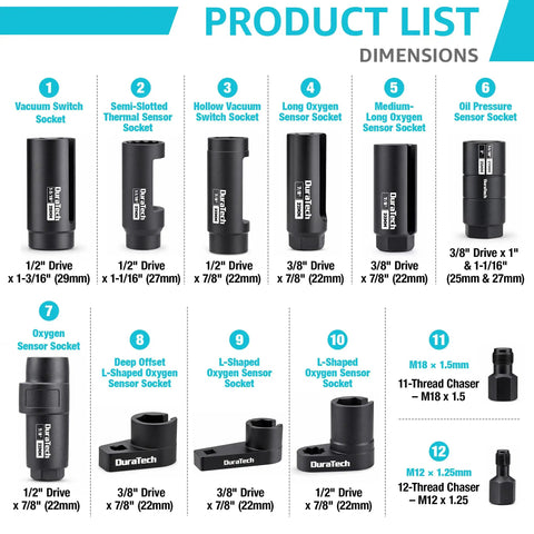 O2 Sensor Socket Set With 6 Sizes And 3/8 Inch And 1/2 Inch Drives, Includes 22mm, 27mm, 29mm, 7/8 Inch, 1-1/16 Inch Sockets