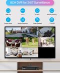 8 Channel 1080p AI Security System With Dope Human And Vehicle Detection interface displaying surveillance footage on TV.