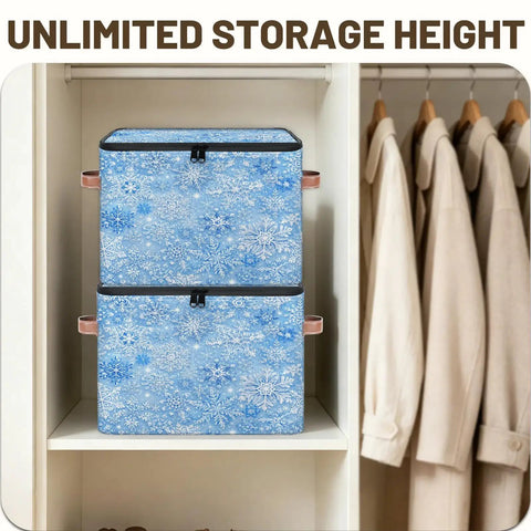 Heavy Duty Waterproof Polyester Storage Containers With A Slick Two Way Zipper Closure And Blue White Snowflake Design stacked in a closet.