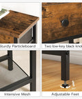 Ultra Slim 29.5 Inch Console Table With 3 Tier Storage details: rustic brown top, black knobs, mesh shelf, adjustable feet