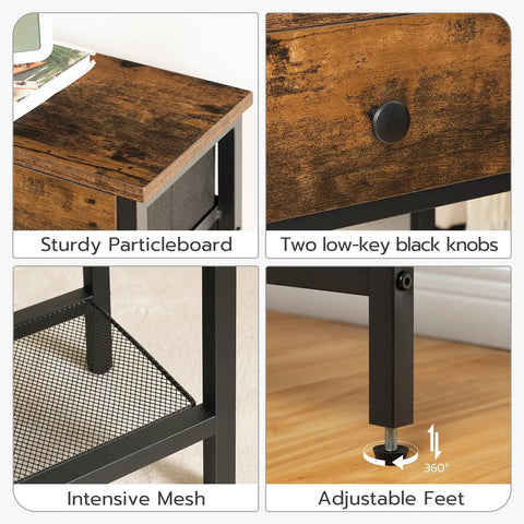 Ultra Slim 29.5 Inch Console Table With 3 Tier Storage details: rustic brown top, black knobs, mesh shelf, adjustable feet