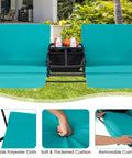 Close-up of Two Person Porch Swing With Pivot Storage Table And Cooler Bag, Dual Cup Holders, Removable Cushions, Adjustable Canopy, Turquoise.