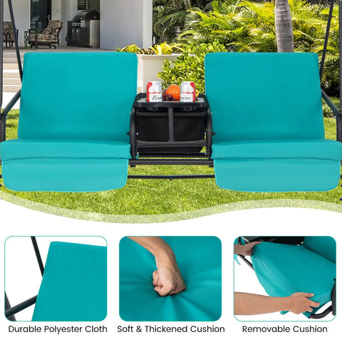 Close-up of Two Person Porch Swing With Pivot Storage Table And Cooler Bag, Dual Cup Holders, Removable Cushions, Adjustable Canopy, Turquoise.