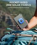 Person holding Ultra Light 25W Solar Panel Charger With USB A And USB C Ports Pocket Size Foldable Solar Panel near backpack