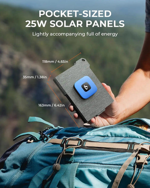 Person holding Ultra Light 25W Solar Panel Charger With USB A And USB C Ports Pocket Size Foldable Solar Panel near backpack