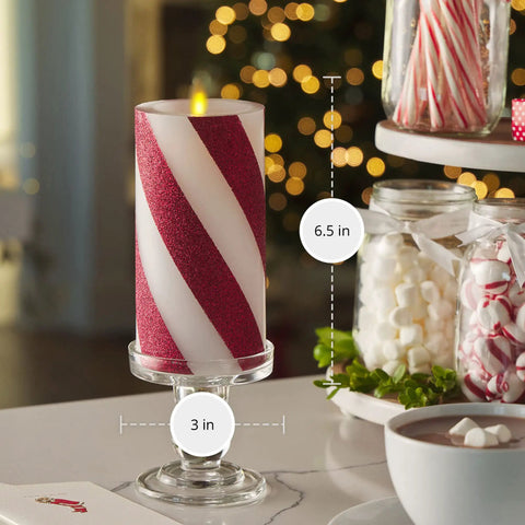 Flameless LED Candy Cane Pillar Candle With Moving Flame, Battery Operated 6.5 Inch Red Glitter Stripe, Unscented Indoor Safe