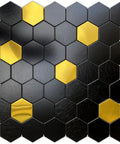Peel And Stick Backsplash Honeycomb Tile Set For Walls Kitchen Bathroom And Fireplace Stainless Steel Look Gold Brushed Black Finish 5 Sheets Easy Cut And Install, showing hexagonal tiles in gold and black finish.