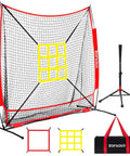 6x6ft Baseball And Softball Net For Hitting Pitching And Throwing Portable Batting Practice Net With Adjustable Strike Zone And Sturdy Bow Frame Includes Tee Great For Kids Red displayed with components