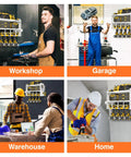 Power Tool Organizer Wall Mount 3 Layer Heavy Duty Cordless Tool Organizer With 4 Drill Hangers Modular Battery Tool Rack For Garage And Workshop Pegboard Storage Space shown in workshop, garage, warehouse, and home settings.