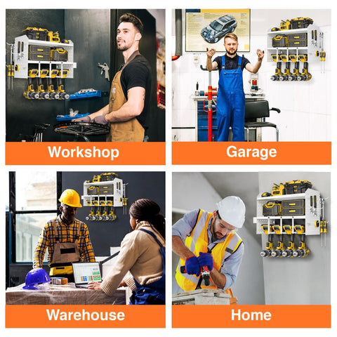 Power Tool Organizer Wall Mount 3 Layer Heavy Duty Cordless Tool Organizer With 4 Drill Hangers Modular Battery Tool Rack For Garage And Workshop Pegboard Storage Space shown in workshop, garage, warehouse, and home settings.