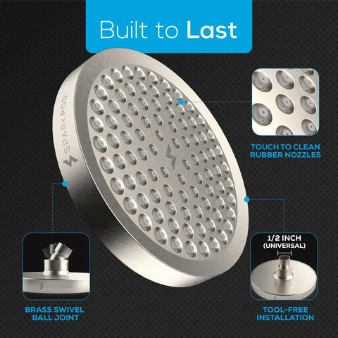 High Pressure Rain Shower Head With No Tools Needed Easy Install, Luxury Brushed Nickel 6 Inch Round, Adjustable Water Spray