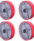 Heavy Duty Polyurethane Caster Wheels Set Of 4 Eight Inches By Two Inches With 6000 Pound Load Capacity Galvanized Yoke For Toolboxes And Trailers Built Tough As Nails And Rolls Smooth red treads from side view.