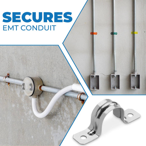OhLectric pipe strap, zinc-coated steel 2-inch two-hole bracket securing EMT conduits to wall.
