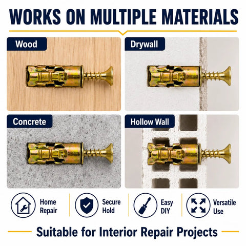 Image showing 6x14mm Short Expansion Screw Set for Stripped Cabinet Hinge Holes 100 Pack, used in wood, drywall, concrete, hollow walls.