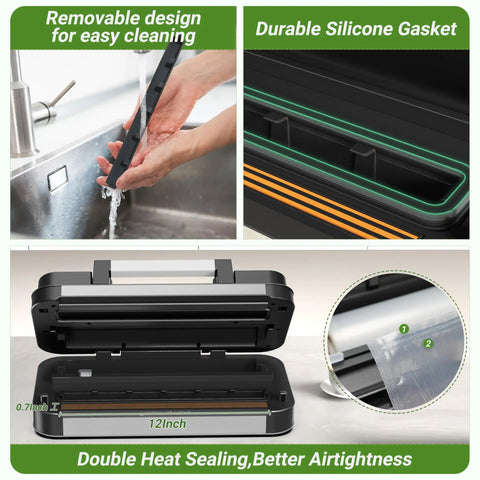 95kPa Vacuum Sealer Machine with silicone gasket, removable for cleaning, and double heat seal feature