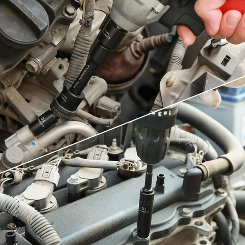 Mechanic using Heavy Duty Three Eighths Inch Drive Impact Socket Set, Forty Nine Piece SAE And Metric, on vehicle engine for repair.