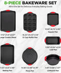 Image of Deluxe Nonstick Bakeware Set 8 Piece Kitchen Pan Collection with pizza pan, round pans, square pan, loaf pan, cookie sheet, and muffin pan.