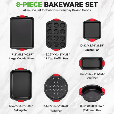 Image of Deluxe Nonstick Bakeware Set 8 Piece Kitchen Pan Collection with pizza pan, round pans, square pan, loaf pan, cookie sheet, and muffin pan.