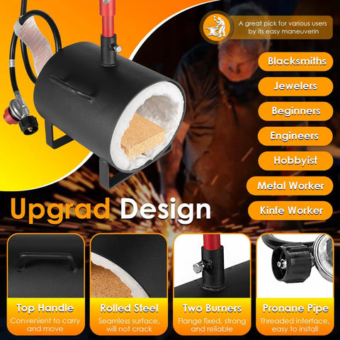 Portable Gas Forge For Blacksmiths With Single Burner Open Oval Hearth and top handle for easy carrying in workshop