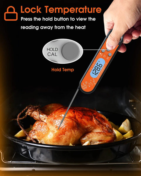 Instant Read Digital Meat Thermometer For Grillin And Roasting inserted in roasted turkey, backlit display showing temperature