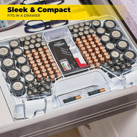 Hella Smart Portable Battery Organizer Storage Case With Built In Tester Holds A Solid Load Of Cells Double Sided Design Employs Clear View Cover To Keep Everything Secure And Ready