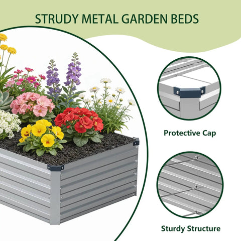 Galvanized Raised Garden Bed 10x2x1 Feet Two Pack Outdoor Planter Boxes Metal Patio Kit with colorful flowers in silver steel